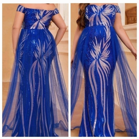 Royal Blue  Off The Shoulder,Sequined and Mesh, Gown - Picture 1 of 9